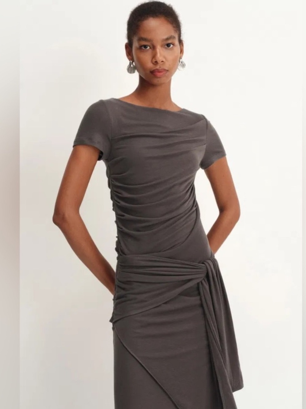 Fabrique Asymmetrical Ruched Midi Dress in Charcoal
